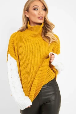 Rebellious Fashion Mustard Cable Knit Colour Block Jumper - Evren
