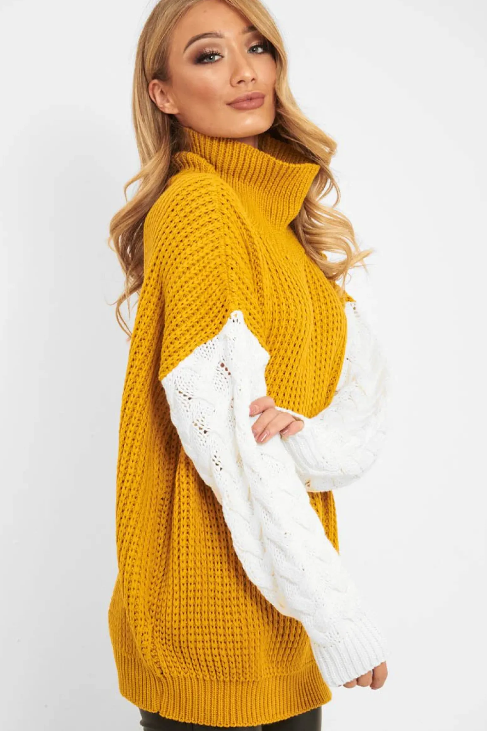 Rebellious Fashion Mustard Cable Knit Colour Block Jumper - Evren