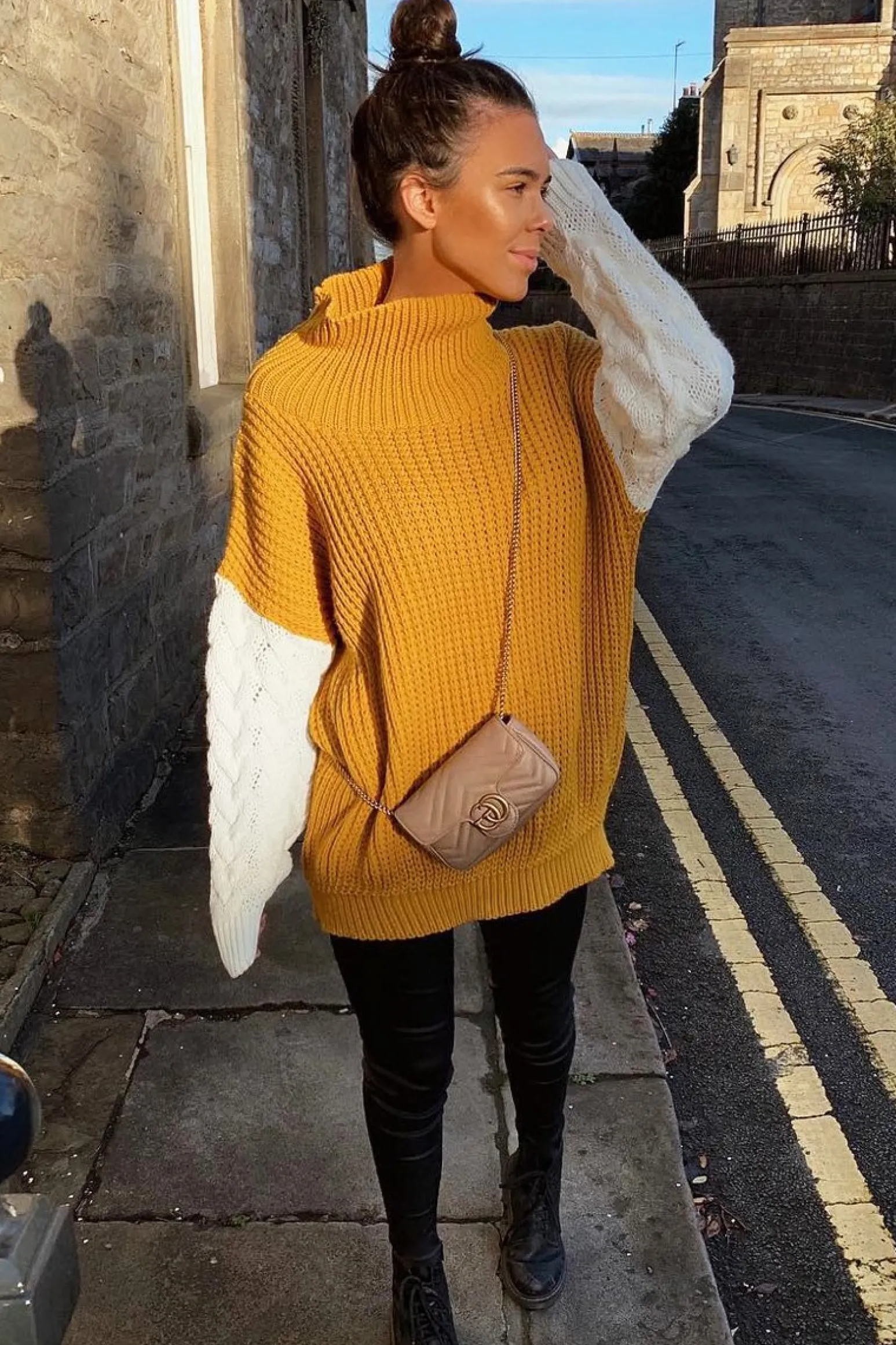 Rebellious Fashion Mustard Cable Knit Colour Block Jumper - Evren