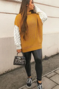 Rebellious Fashion Mustard Cable Knit Colour Block Jumper - Evren