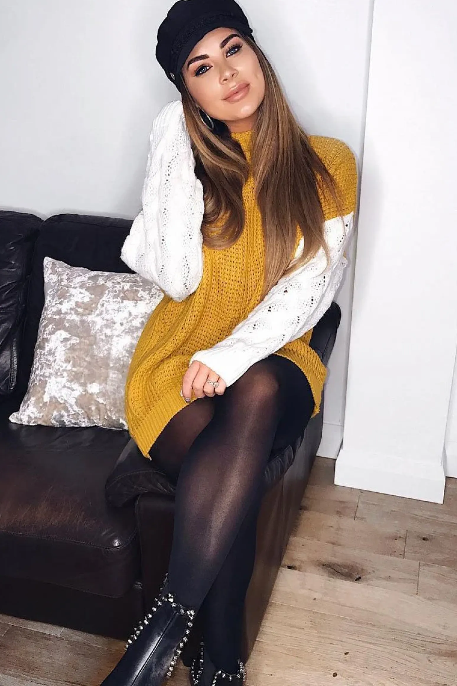 Rebellious Fashion Mustard Cable Knit Colour Block Jumper - Evren
