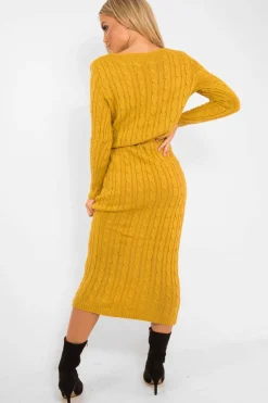 Rebellious Fashion Mustard Cable Knit Drawstring Waist Dress - Rhea