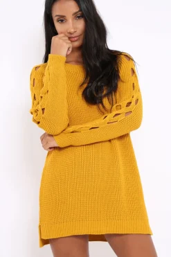 Rebellious Fashion Mustard Cable Knit Jumper Dress with Cut out Detail - Daysie