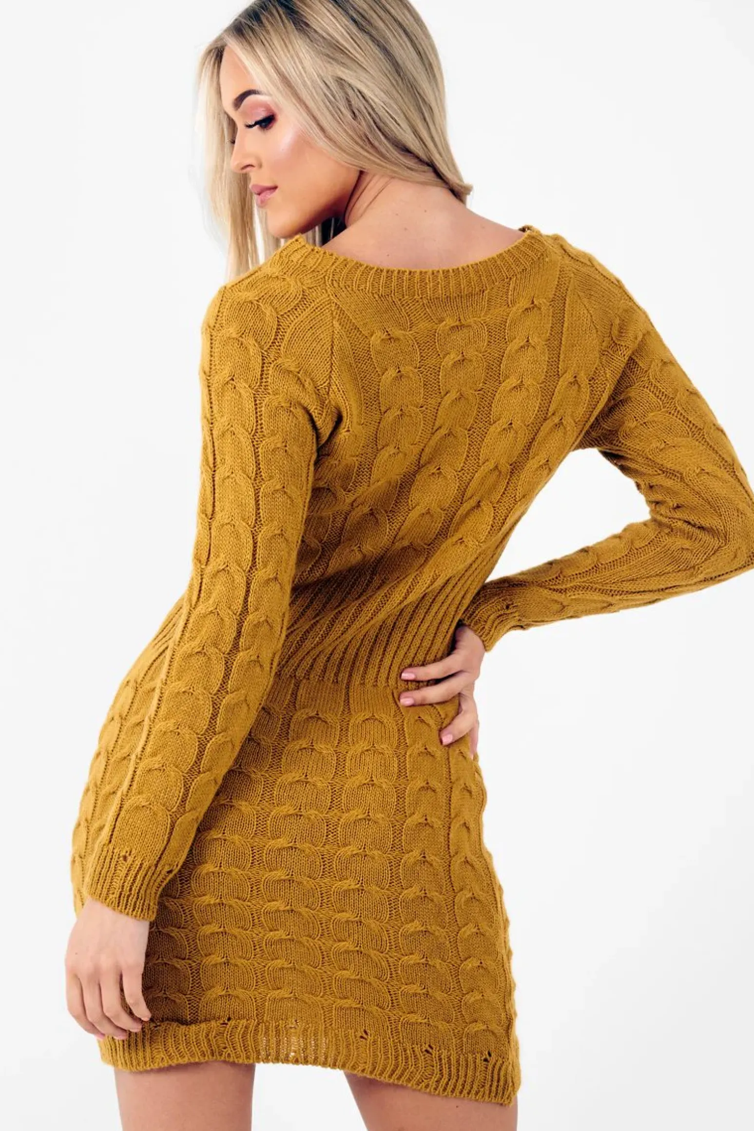 Rebellious Fashion Mustard Cable Knit Jumper Midi Dress - Jaylie