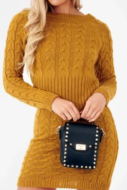 Rebellious Fashion Mustard Cable Knit Jumper Midi Dress - Jaylie