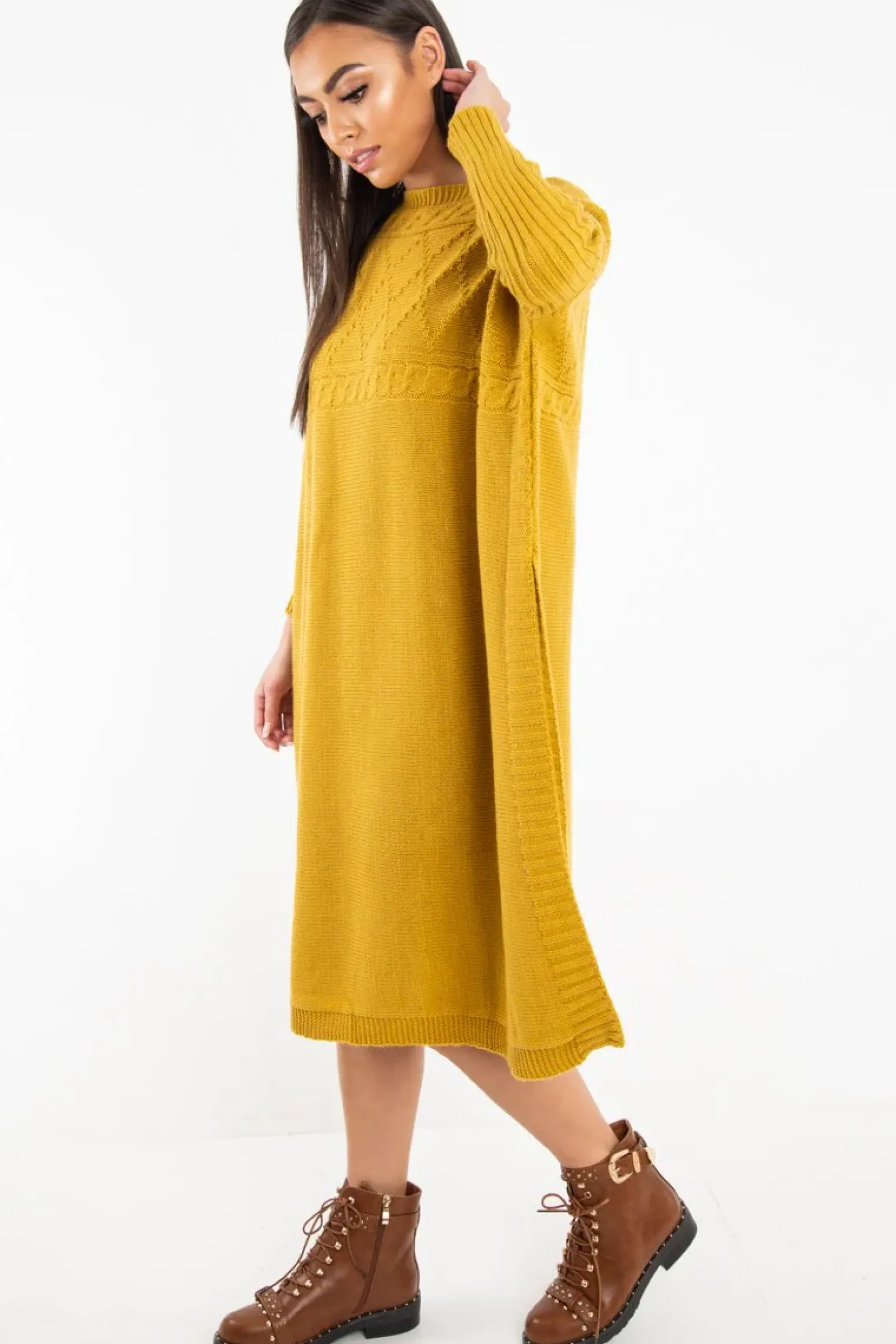Rebellious Fashion Mustard Cable Knit Side Split Jumper Dress - Maniya