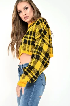 Rebellious Fashion Mustard Check Batwing Crop Knit Jumper - Marisa