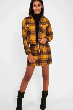 Rebellious Fashion Mustard Check Crop Trucker Jacket And Skirt Co-ord - Abegail