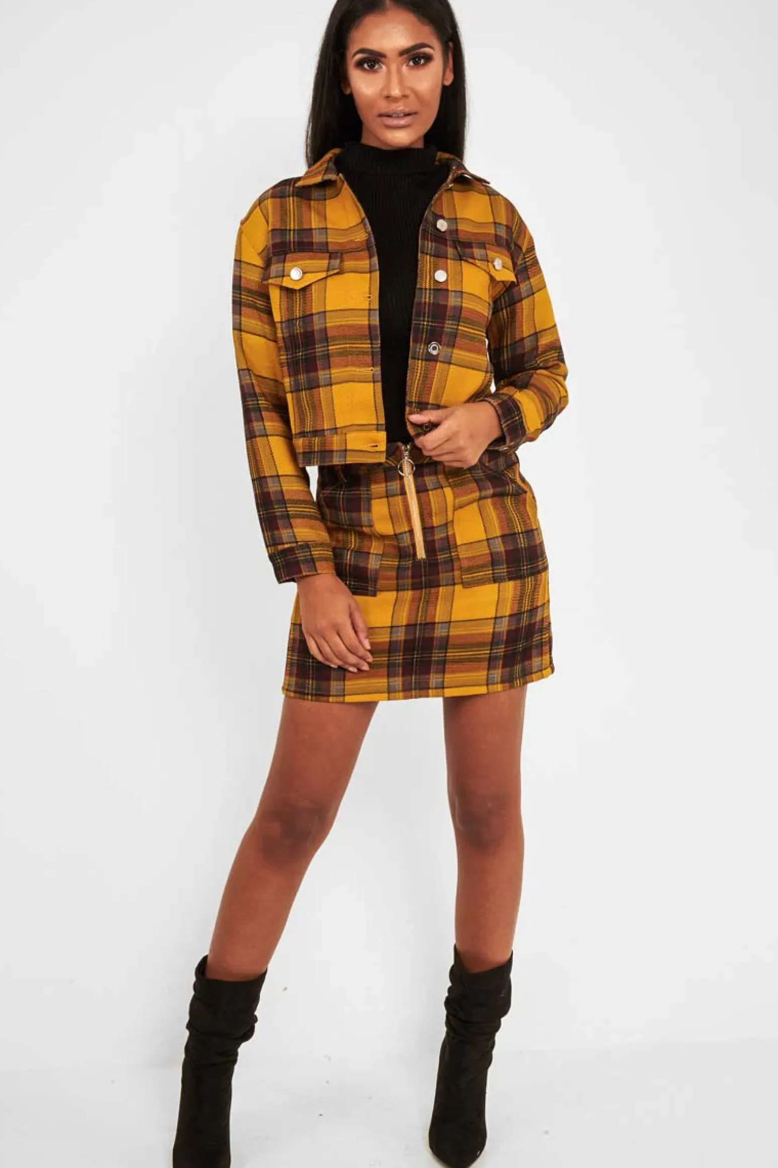 Rebellious Fashion Mustard Check Crop Trucker Jacket And Skirt Co-ord - Abegail