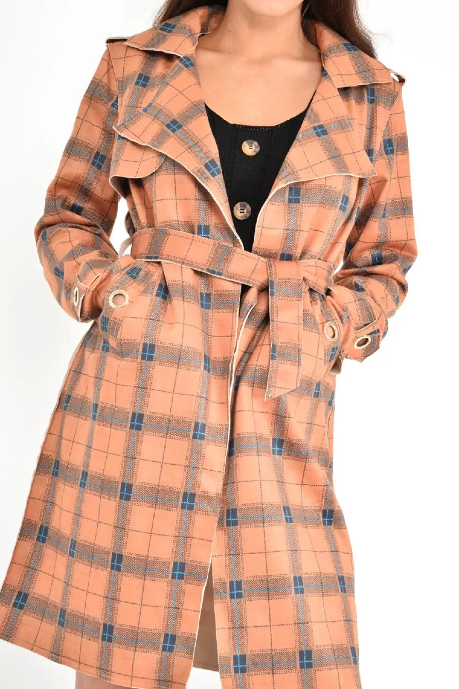 Rebellious Fashion Mustard Check Faux Suede Eyelet Detail Trench Coat - Safiyya