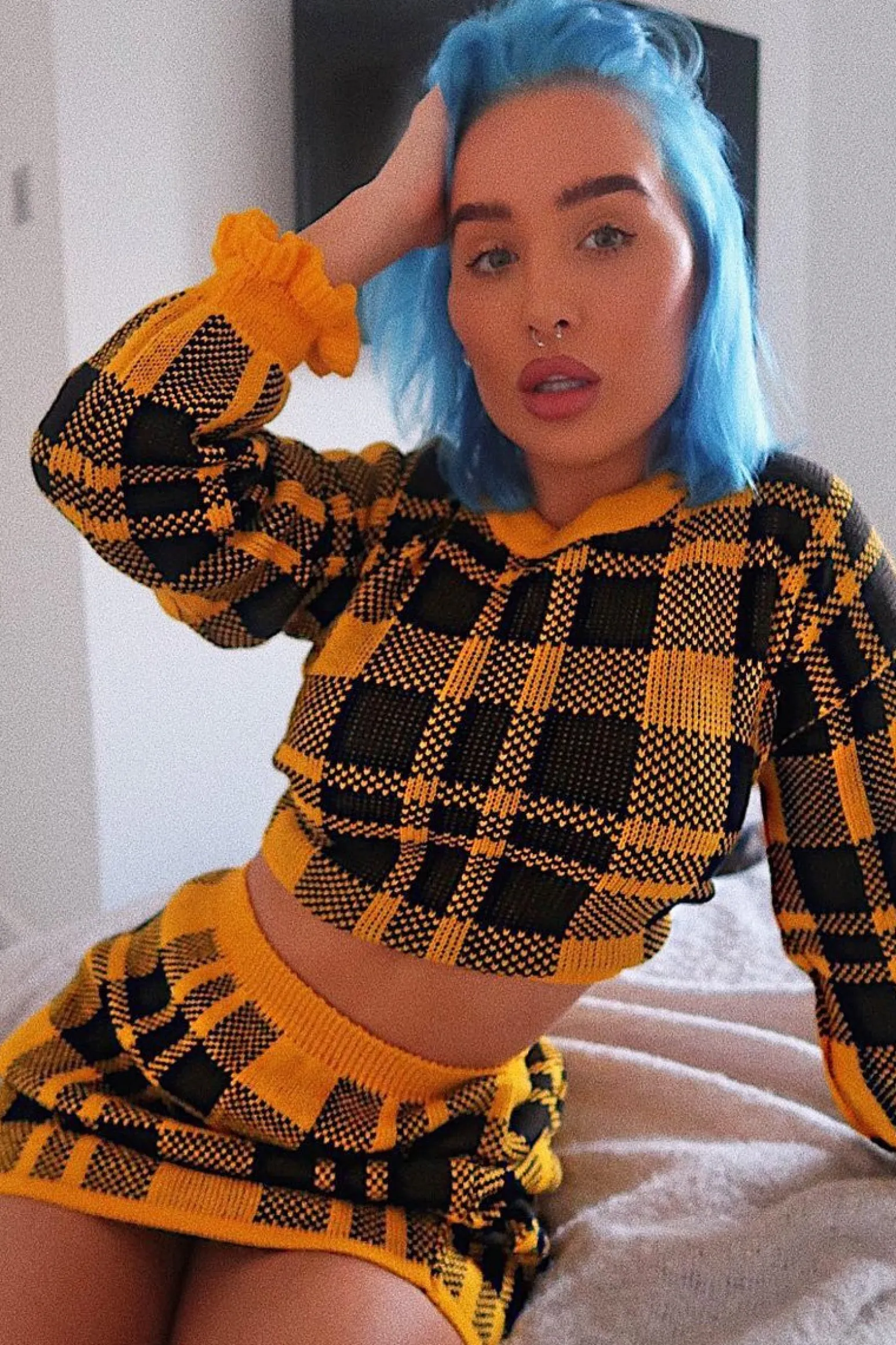 Rebellious Fashion Mustard Check Frill Cuff Knit Jumper - Lanelle