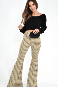 Rebellious Fashion Mustard Check High Waisted Flared Trousers - Kamryn