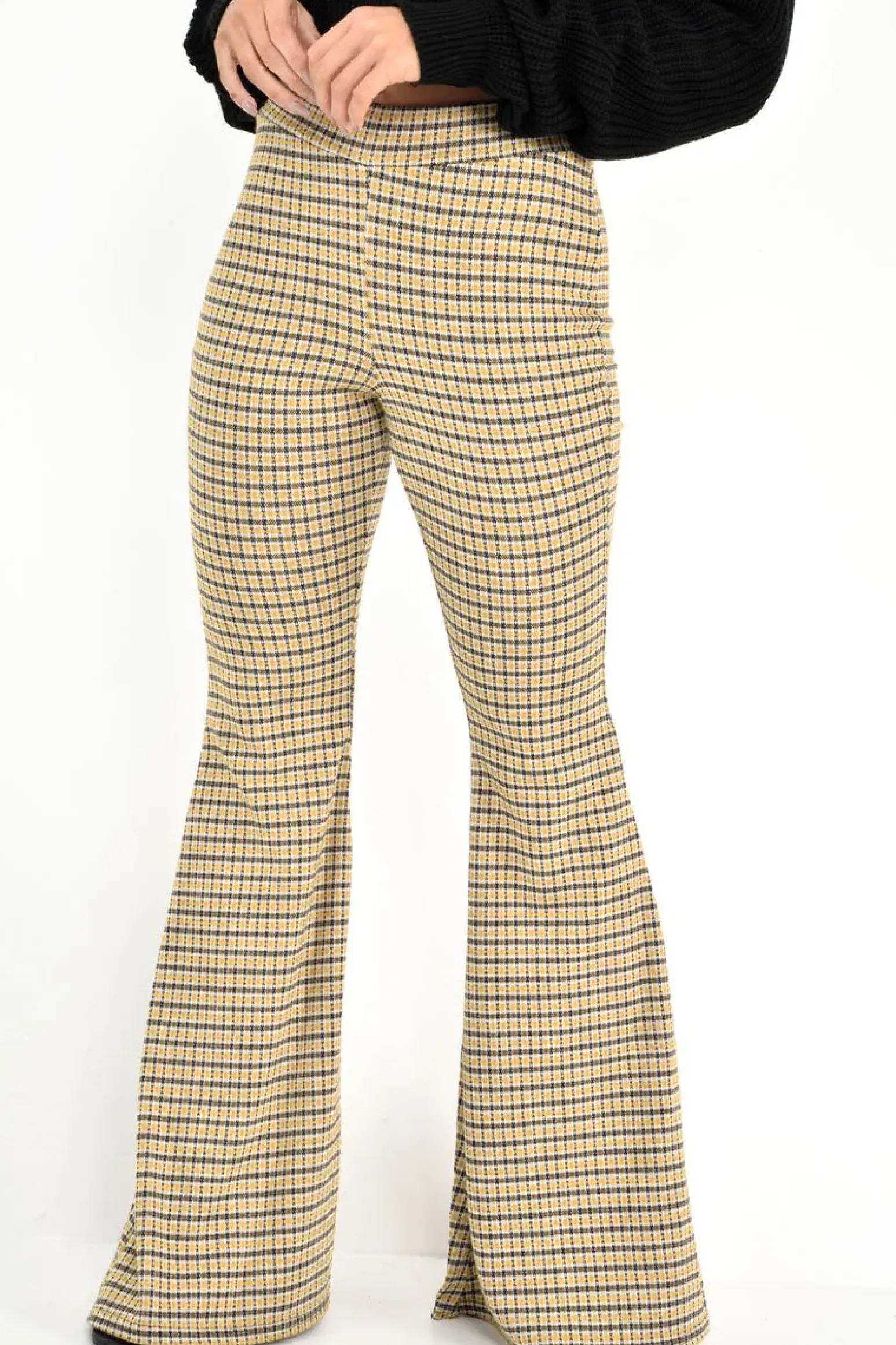 Rebellious Fashion Mustard Check High Waisted Flared Trousers - Kamryn