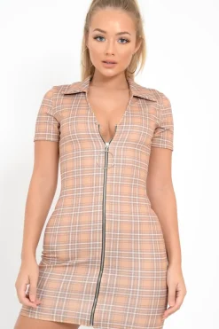 Rebellious Fashion Mustard Check Plunge Zip Mini Dress - Arelys