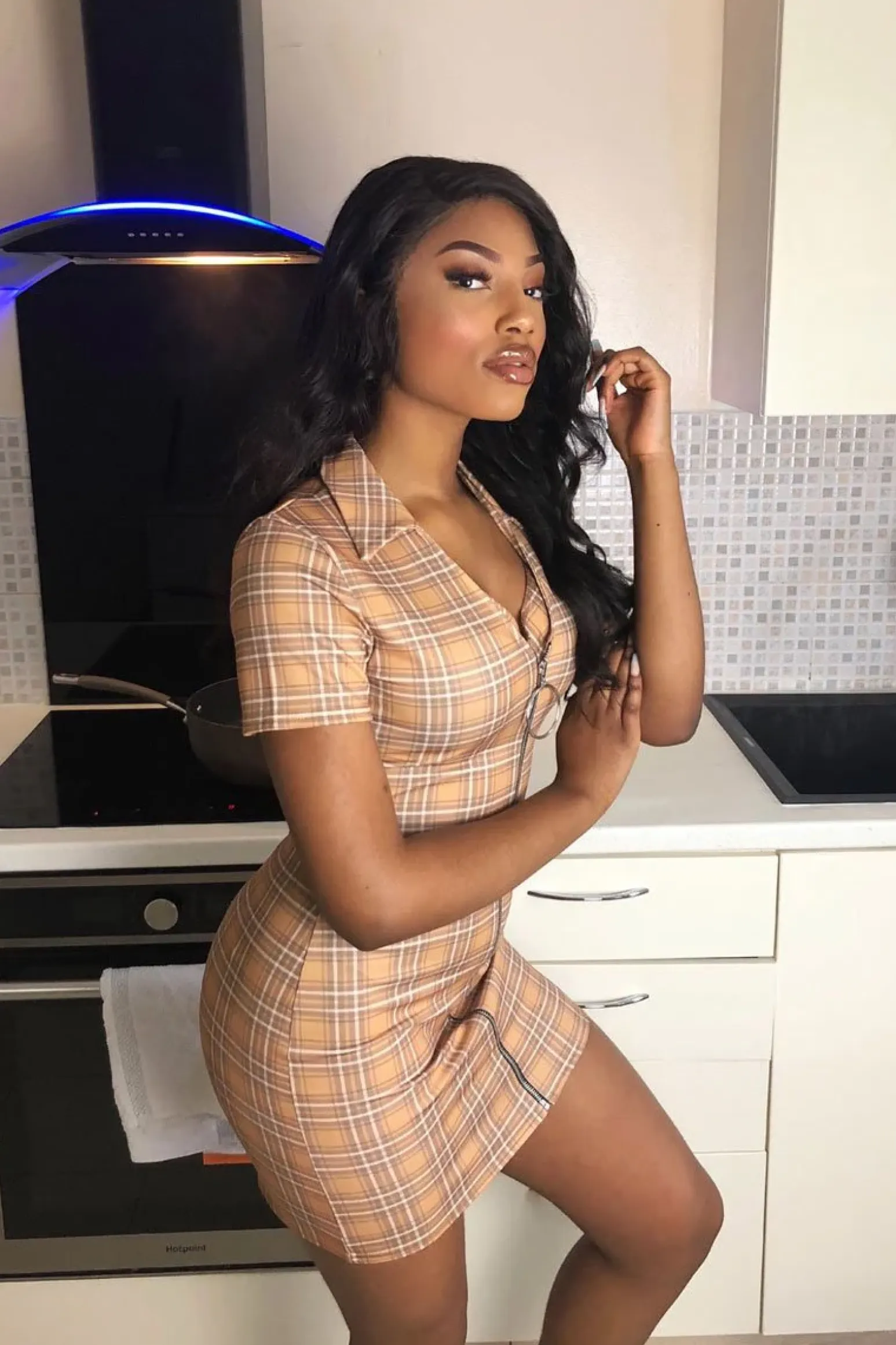 Rebellious Fashion Mustard Check Plunge Zip Mini Dress - Arelys