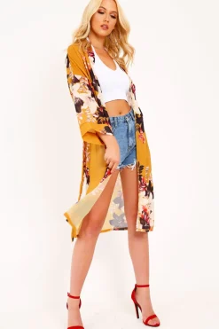 Rebellious Fashion Mustard Chiffon Floral Kimono - Suriah