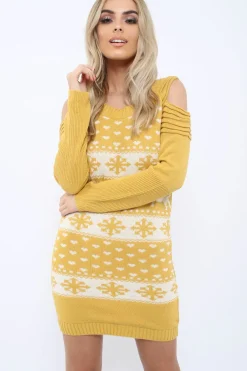 Rebellious Fashion Mustard Christmas Print Jumper Dress - Kleo