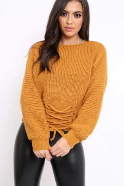 Rebellious Fashion Mustard Chunky Knit Corset Waist Knitted Jumper - Nara