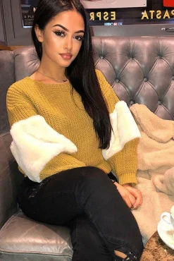 Rebellious Fashion Mustard Chunky Knit Cream Fur Sleeve Jumper - Kimberly