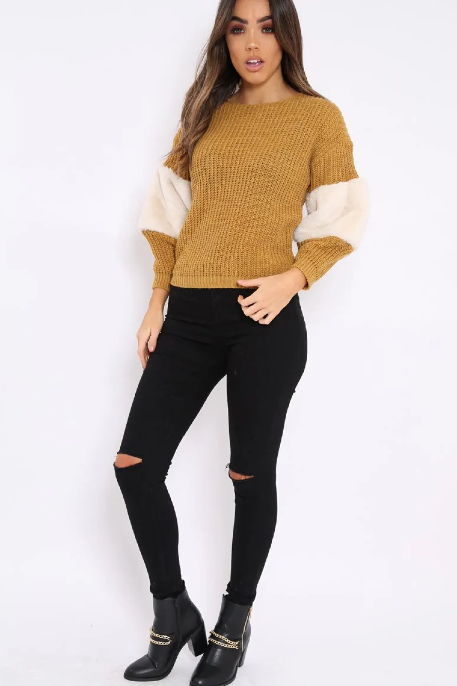 Rebellious Fashion Mustard Chunky Knit Cream Fur Sleeve Jumper - Kimberly