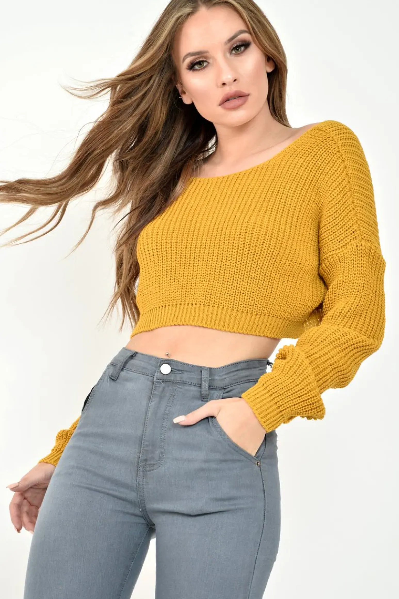 Rebellious Fashion Mustard Chunky Knit V Back Crop Jumper - Priscilla