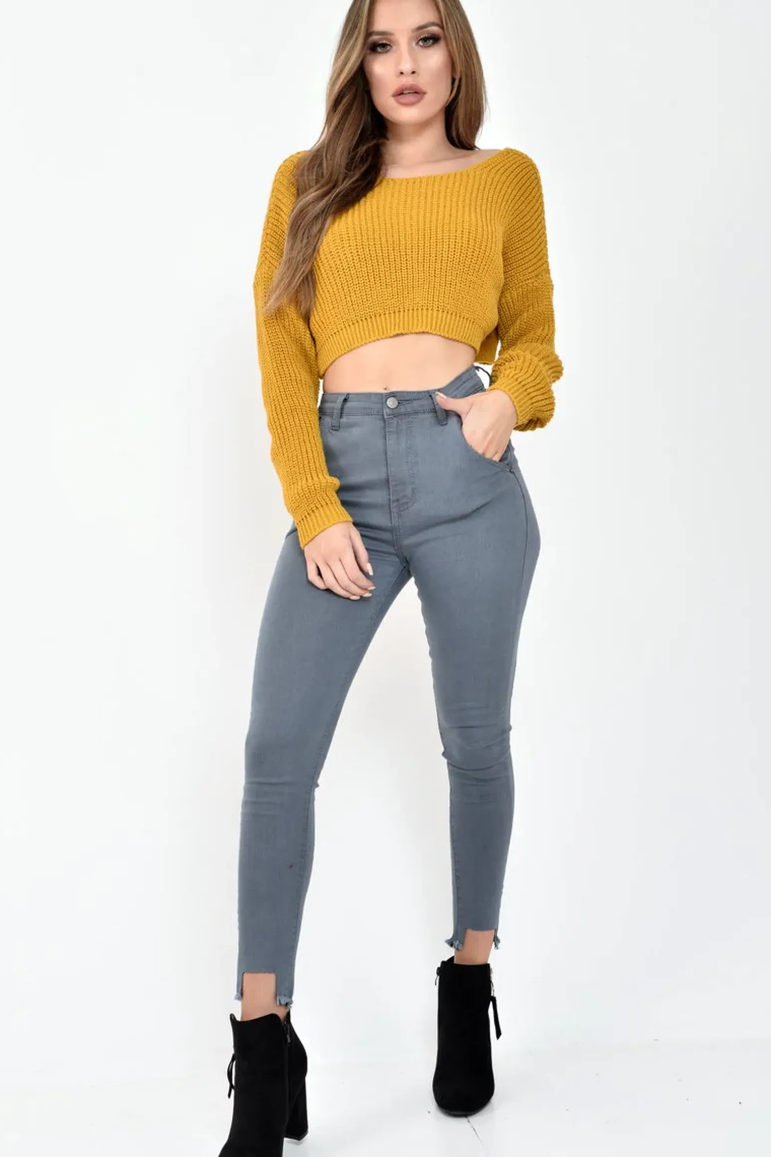 Rebellious Fashion Mustard Chunky Knit V Back Crop Jumper - Priscilla