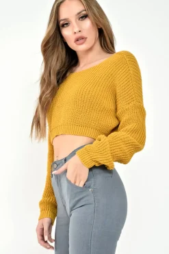 Rebellious Fashion Mustard Chunky Knit V Back Crop Jumper - Priscilla