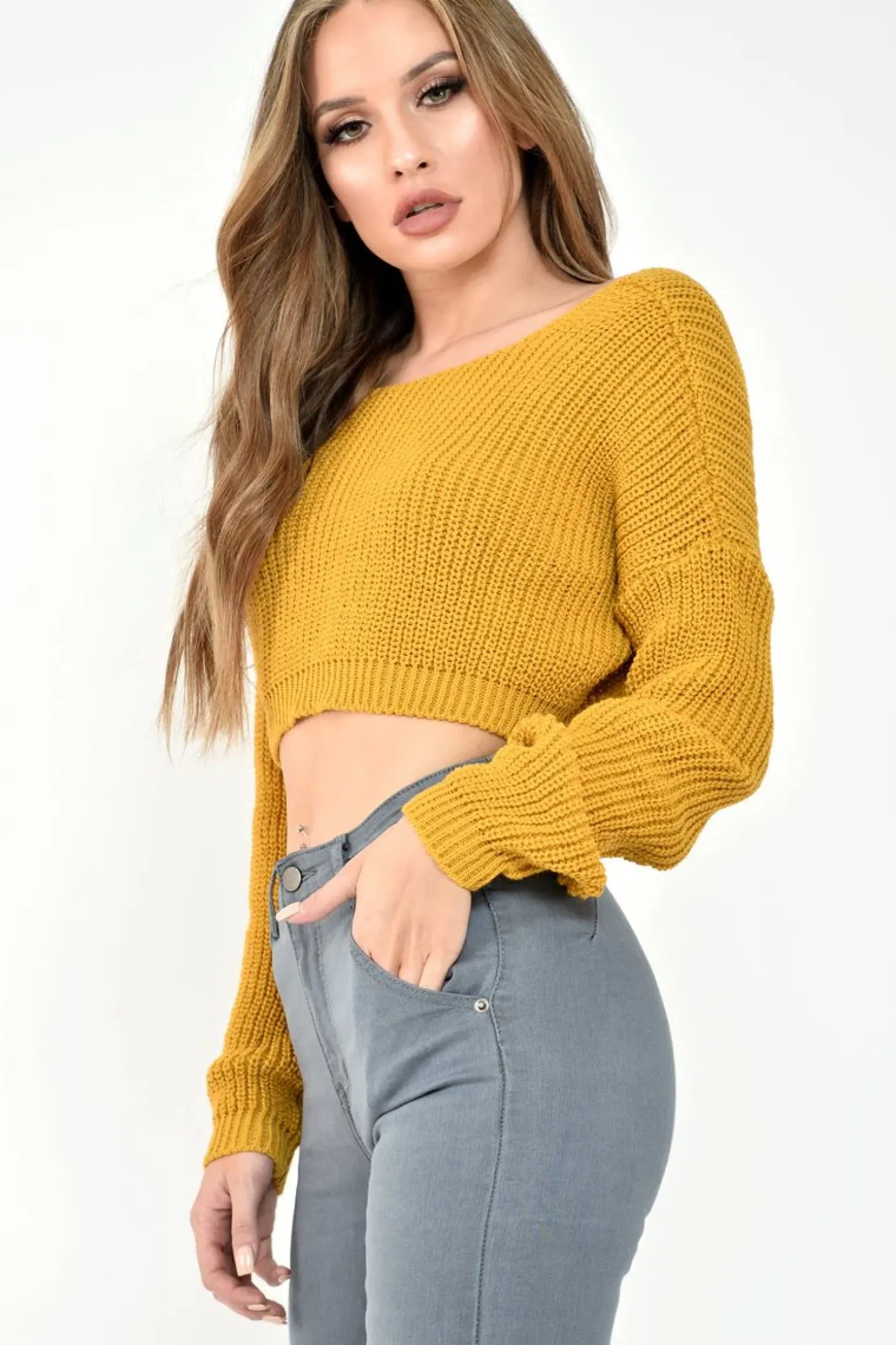 Rebellious Fashion Mustard Chunky Knit V Back Crop Jumper - Priscilla