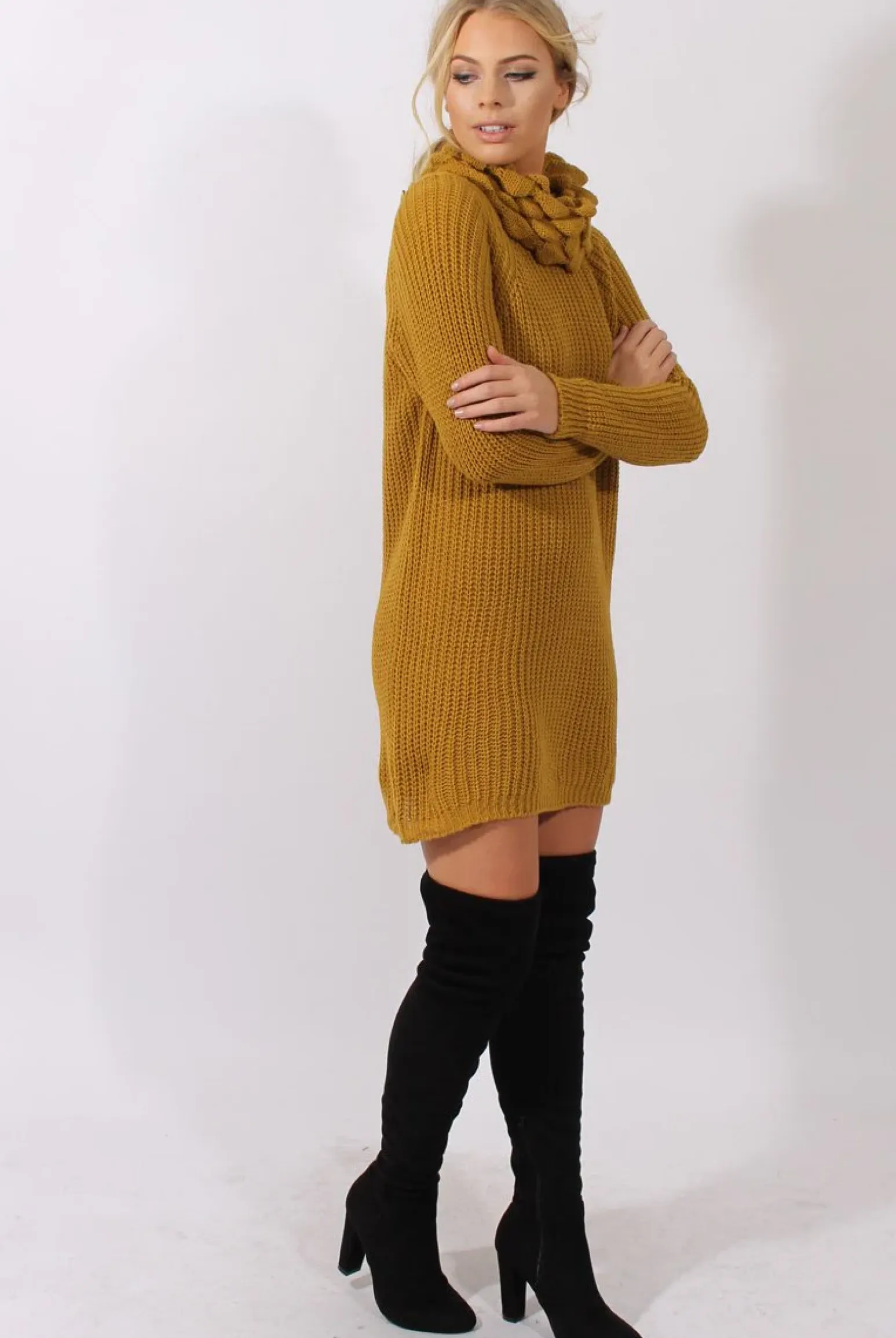 Rebellious Fashion Mustard Chunky Turtleneck Knit Jumper Dress - Cloe
