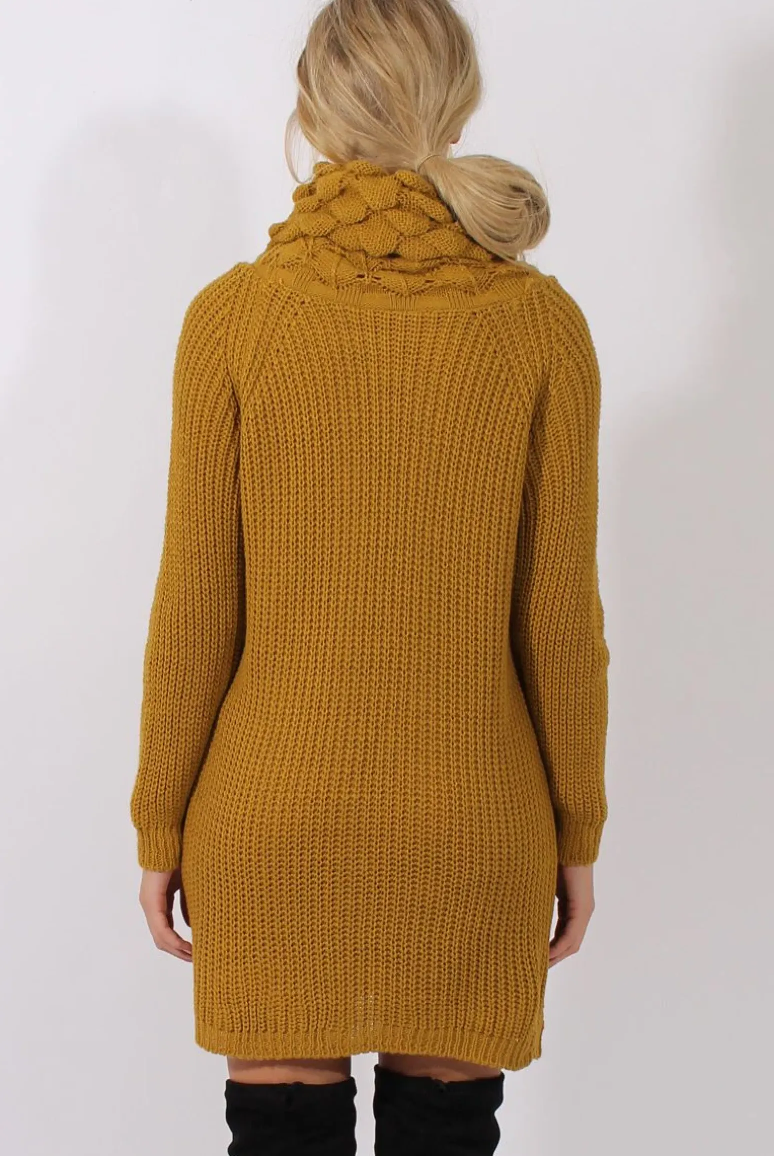 Rebellious Fashion Mustard Chunky Turtleneck Knit Jumper Dress - Cloe
