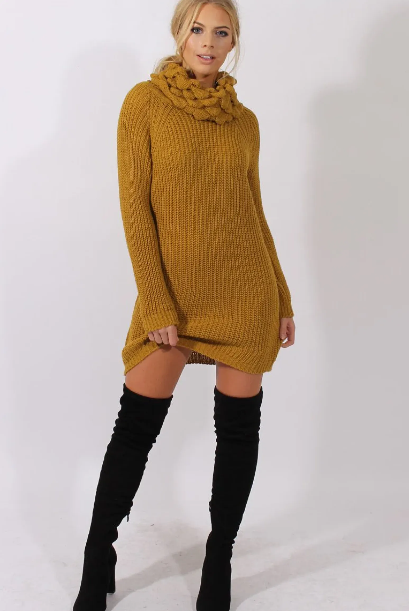 Rebellious Fashion Mustard Chunky Turtleneck Knit Jumper Dress - Cloe