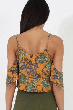 Rebellious Fashion Mustard Cold Shoulder Button Crop Top - Harlow