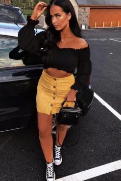 Rebellious Fashion Mustard Corduroy Button Front Mini Skirt - Elcie