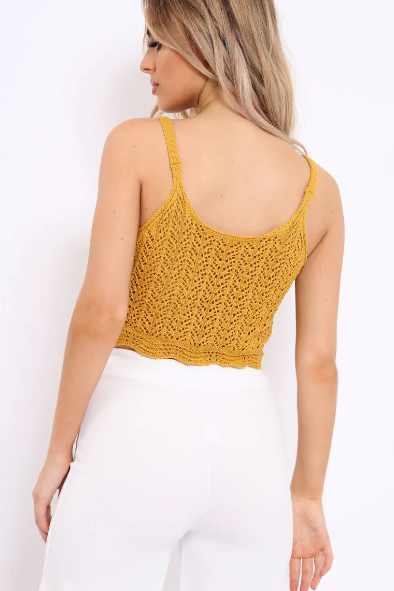 Rebellious Fashion Mustard Crochet Scalloped Hem Crop Top - Alexi