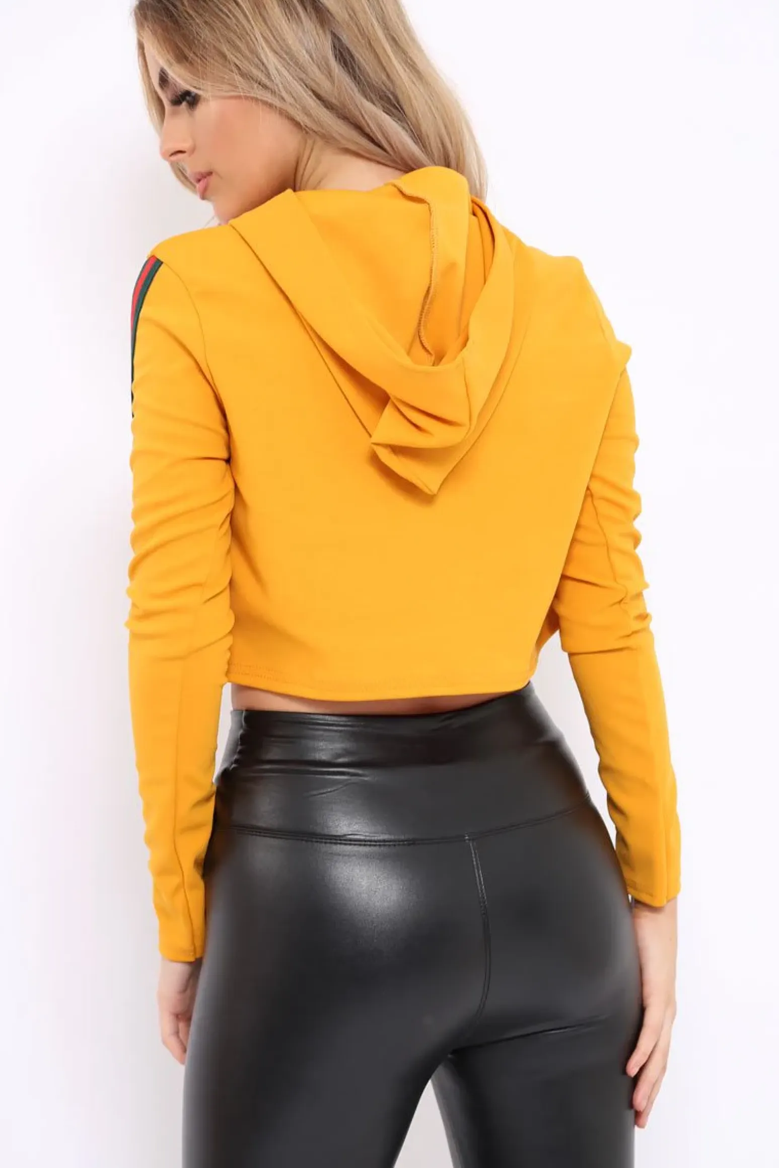 Rebellious Fashion Mustard Cropped Hoodie with Striped Trim - Essie