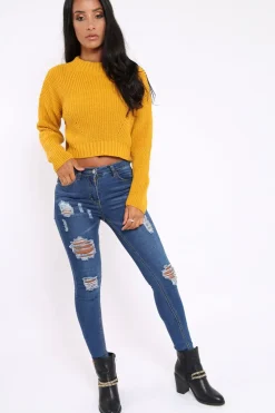 Rebellious Fashion Mustard Cropped Knitted Jumper - Hennie