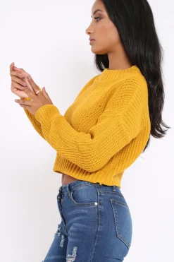 Rebellious Fashion Mustard Cropped Knitted Jumper - Hennie