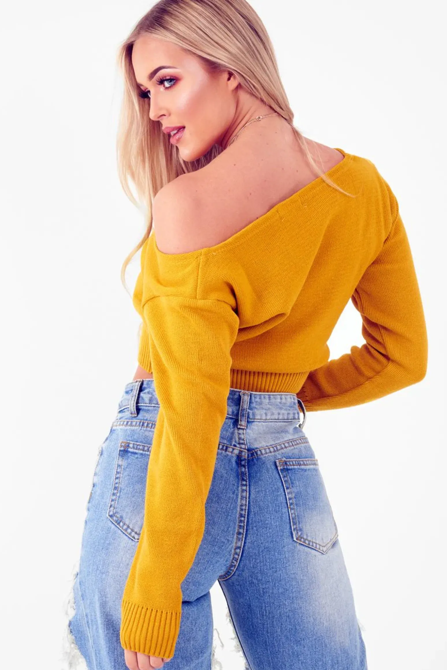 Rebellious Fashion Mustard Crop V Neck Knit Jumper - Rozella