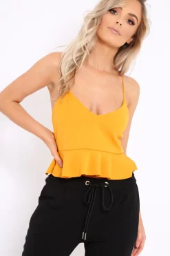 Rebellious Fashion Mustard Cross Back Frill Hem Crop Top - Jess