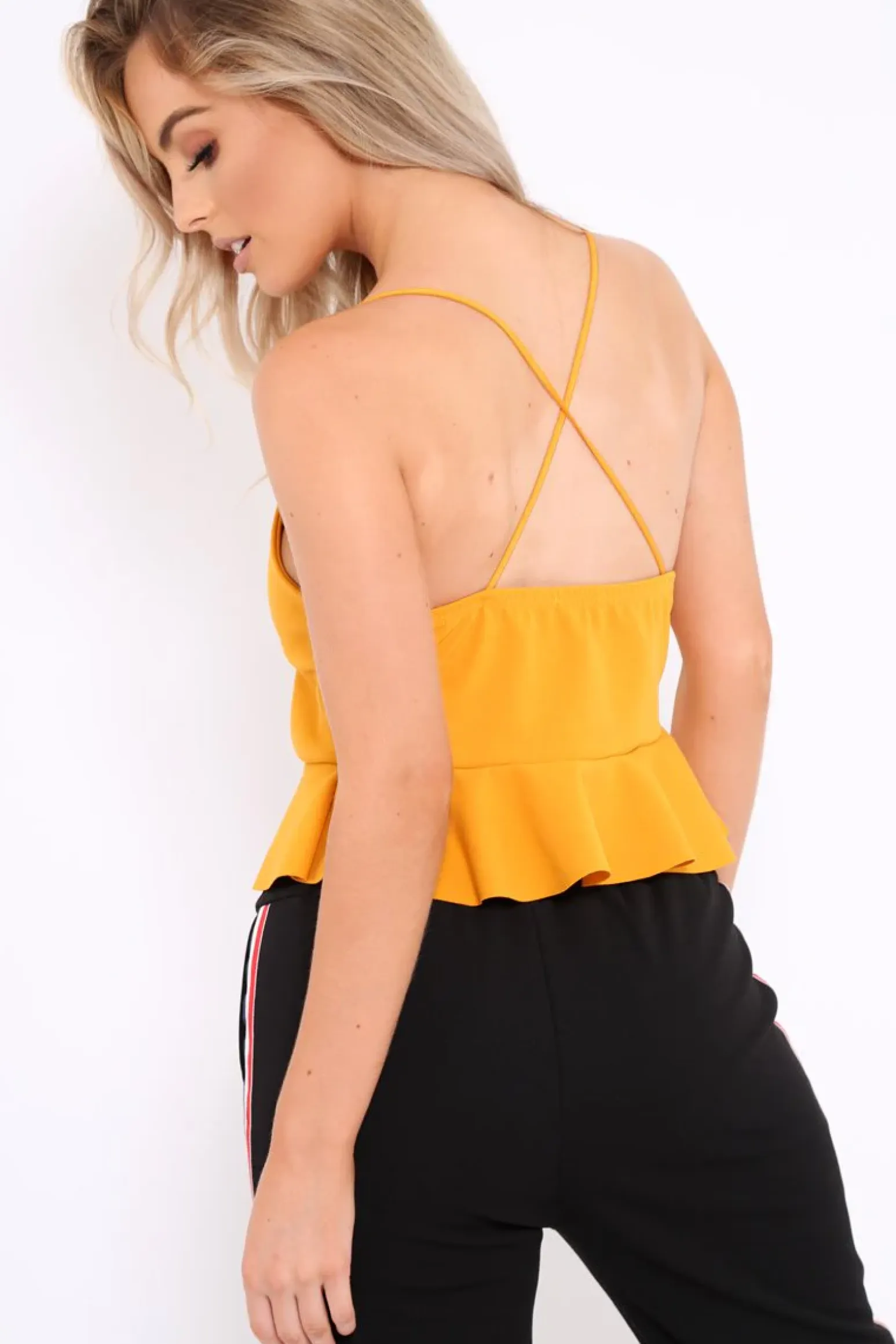 Rebellious Fashion Mustard Cross Back Frill Hem Crop Top - Jess