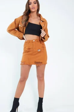 Rebellious Fashion Mustard Denim Rip Mini Skirt - Selenia