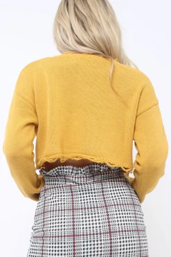 Rebellious Fashion Mustard Distressed Cropped Jumper - Porta