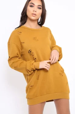 Rebellious Fashion Mustard Distressed Detail Sweatshirt Jumper Dress - Ivy