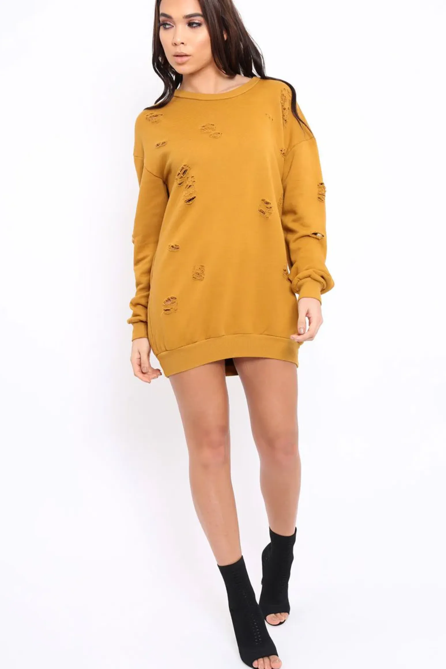 Rebellious Fashion Mustard Distressed Detail Sweatshirt Jumper Dress - Ivy