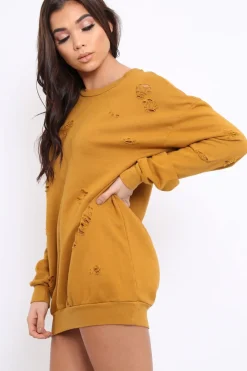 Rebellious Fashion Mustard Distressed Detail Sweatshirt Jumper Dress - Ivy