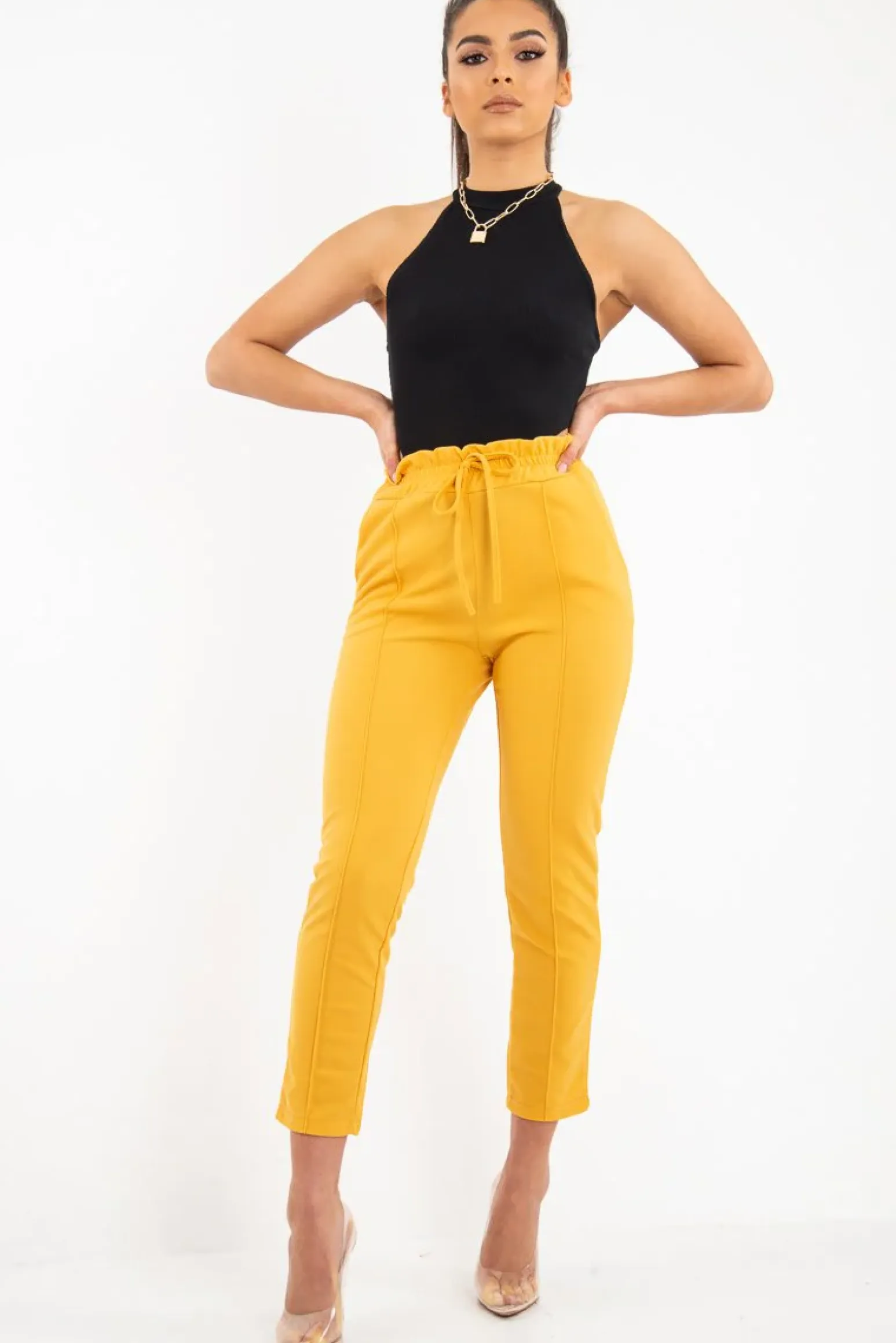 Rebellious Fashion Mustard Drawstring Seam Front Tailored Joggers - Lissie