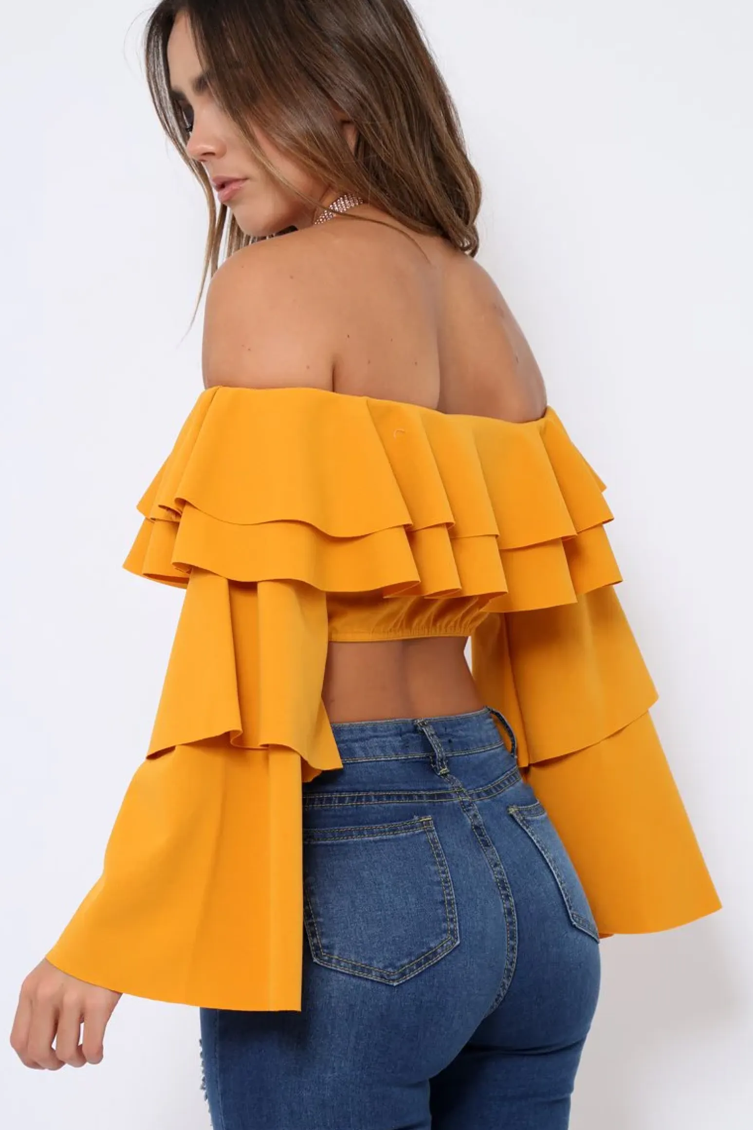 Rebellious Fashion Mustard extreme Layered Frill Bardot Crop Top - Nevaeh