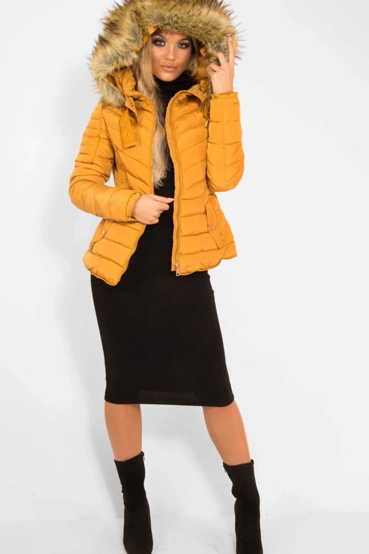 Rebellious Fashion Mustard Faux Fur Hood Gold Detail Puffer Coat - Rylah