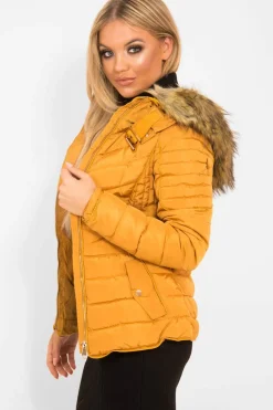 Rebellious Fashion Mustard Faux Fur Hood Gold Detail Puffer Coat - Rylah