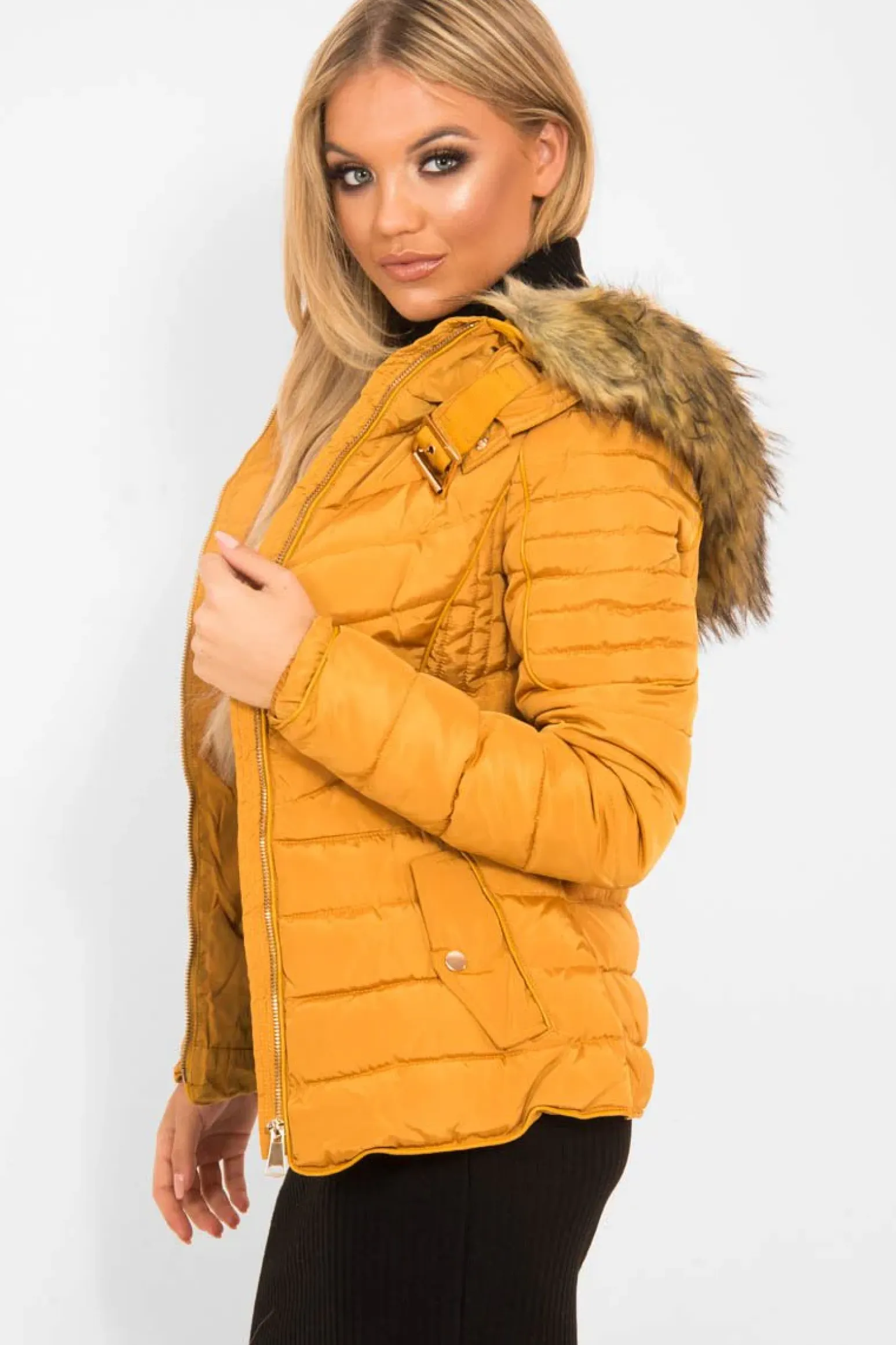 Rebellious Fashion Mustard Faux Fur Hood Gold Detail Puffer Coat - Rylah